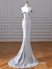 Charming Sliver Mermaid Party Dress, Sliver Off Shoulder Long Evening Prom Dress With Leg Slit