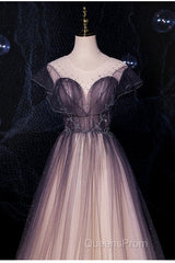 Charming Tulle Gradient Cap Sleeves Long Party Dress, A-Line Evening Gown