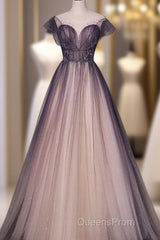 Charming Tulle Gradient Cap Sleeves Long Party Dress, A-Line Evening Gown