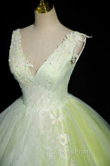 Charming Tulle Lace Green Evening Prom Dress, V-Neck Sleeveless Floor-Length Evening Dress