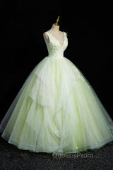 Charming Tulle Lace Green Evening Prom Dress, V-Neck Sleeveless Floor-Length Evening Dress