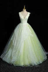 Charming Tulle Lace Green Evening Prom Dress, V-Neck Sleeveless Floor-Length Evening Dress