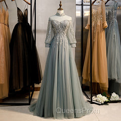 Charming Tulle Long Sleeves Beaded and Lace Long Party Dress, A-line Tulle Evening Gown
