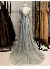 Charming Tulle Long Sleeves Beaded and Lace Long Party Dress, A-line Tulle Evening Gown