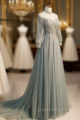 Charming Tulle Long Sleeves Beaded and Lace Long Party Dress, A-line Tulle Evening Gown