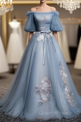 Charming Tulle Puffy Sleeves Long Formal Gown, Evening Prom Dress