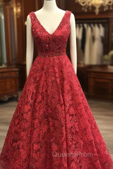 Charming V-neck Sleeveless Evening Prom Party Gowns| Affordable Red Lace Beading Long Evening Prom Gown