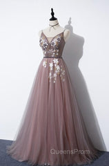 Charming V-neckline Flowers Dark Pink Evening Prom Gown, Long Evening Dress
