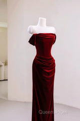Charming Wine Red Mermaid Off Shoulder Velvet Formal Dress, Wine Red Long Evening Prom Dress