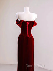 Charming Wine Red Mermaid Off Shoulder Velvet Formal Dress, Wine Red Long Evening Prom Dress
