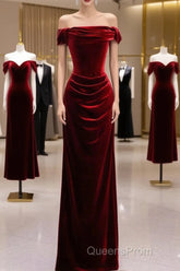 Charming Wine Red Mermaid Off Shoulder Velvet Formal Dress, Wine Red Long Evening Prom Dress