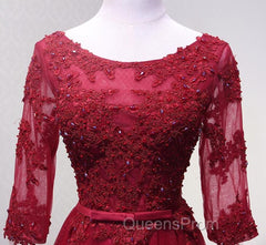 Charming Wine Red Short Sleeves Lace Applique Wedding Party Dress, Evening Gown