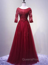 Charming Wine Red Short Sleeves Lace Applique Wedding Party Dress, Evening Gown
