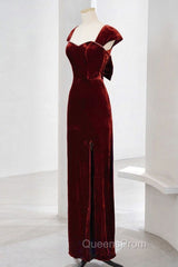 Charming Wine Red Velvet Cap Sleeves Long Party Dress, Wedding Party Dress