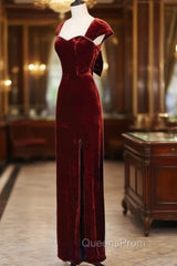 Charming Wine Red Velvet Cap Sleeves Long Party Dress, Wedding Party Dress