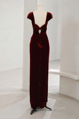 Charming Wine Red Velvet Cap Sleeves Long Party Dress, Wedding Party Dress