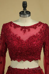 Cheap Burgundy Two-Piece Evening Prom Dress A Line Satin Lace Applique