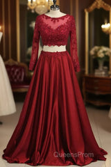 Cheap Burgundy Two-Piece Evening Prom Dress A Line Satin Lace Applique