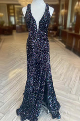 Cheap Meremaid Iridescent Sequin Evening Prom Dress Cheap V Neck Long Formal Dress
