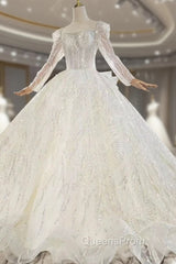 Check Out Entire Collection Tulle Sequins Long Sleeve Open Back Beading Wedding Dress