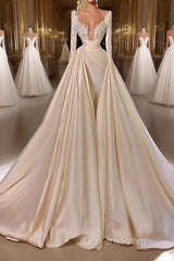 Chic A-Line Cathedral V-Neck Long Wedding Dress With Long Sleeves
