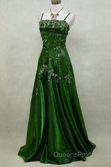 Chic A Line Spaghetti Straps Green Satin Evening Dress Long Evening Prom Dress