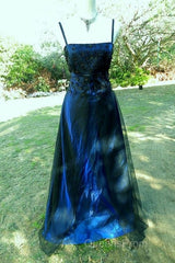 Chic A Line Spaghetti Straps Navy Blue Tulle Evening Dress Long Evening Prom Dress
