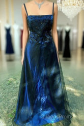 Chic A Line Spaghetti Straps Navy Blue Tulle Evening Dress Long Evening Prom Dress
