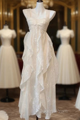 Chic A Line Straps Floral White Ankle Length Birthday Dress Birthday Outfits