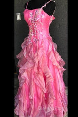 Chic Ball Gown Spaghetti Straps Pink Satin Evening Dress Long Evening Prom Dress With Embroidered