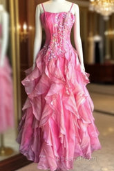 Chic Ball Gown Spaghetti Straps Pink Satin Evening Dress Long Evening Prom Dress With Embroidered