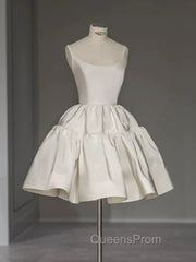 Chic Ball Gown Straps White Satin Homecoming Dress Birthday Dress Birthday Outfits