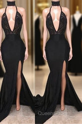 Chic Black High Neck Lace Front Split Mermaid Evening Prom Party Gowns