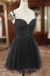 Chic Black Lace Straps Tulle Short Party Drss, Black Sweetheart Homecoming Dress