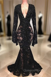 Chic Black Lace V-neck Long Sleevess Mermaid Evening Prom Dress Sheer Floor Length Evening Gowns