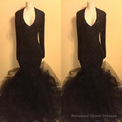 Chic black sequins prom dress, ruffles evening dress