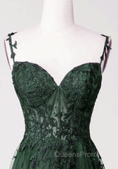 Chic Green Straps Tulle with Lace Party Dress, A-line Sweetheart Floor Length Evening Prom Dress