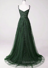 Chic Green Straps Tulle with Lace Party Dress, A-line Sweetheart Floor Length Evening Prom Dress
