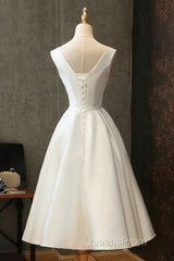 Chic Lace Up Tea Length Vintage Satin Ivory Wedding Dress