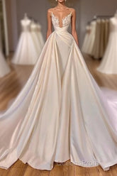Chic Long A-line Cathedral Sleeveless V-neck Satin Wedding Dress