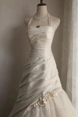 Chic Mermaid Halter Satin Ivory Long Wedding Dress Bridal Dress