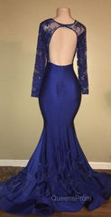Chic Open Back Royal Blue Real Model Evening Prom Dress Lace Long Sleeves Mermaid Evening Gown