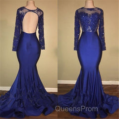 Chic Open Back Royal Blue Real Model Evening Prom Dress Lace Long Sleeves Mermaid Evening Gown