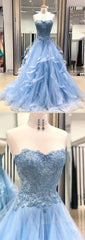 Chic Evening Prom Dress Sweetheart Sky Blue Ruffles Aline Lace Evening Prom Dress