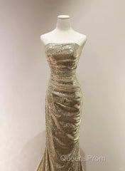 Chic Sequins Mermaid Scoop Long Formal Dress, Gold Long Evening Prom Dress Party Dress