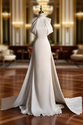 Chic Sheath High neckline Sleeveless Ivory Satin Long Wedding Dress With Train