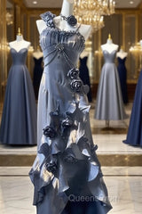 Chic Sheath Spaghetti Straps Floral Blue Long Party Dress Birthday Outfits With Sleeves