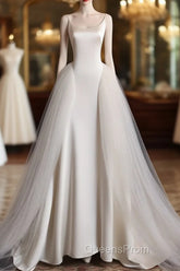 Chic Sheath Spaghetti Straps Sleeveless White Satin Wedding Dress With Ruffles