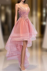 Chic V-neckline Lace Applique Tulle High Low Straps Homecoming Dress, Tulle Short Evening Prom Dress