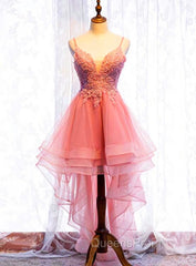 Chic V-neckline Lace Applique Tulle High Low Straps Homecoming Dress, Tulle Short Evening Prom Dress